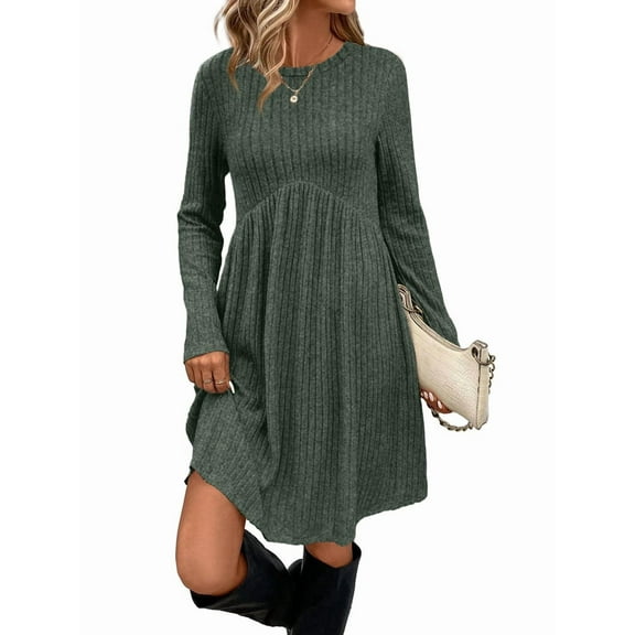 Long Sleeve Dress for Women Crew Neck Waist Tunic Dress with Pockets Green L