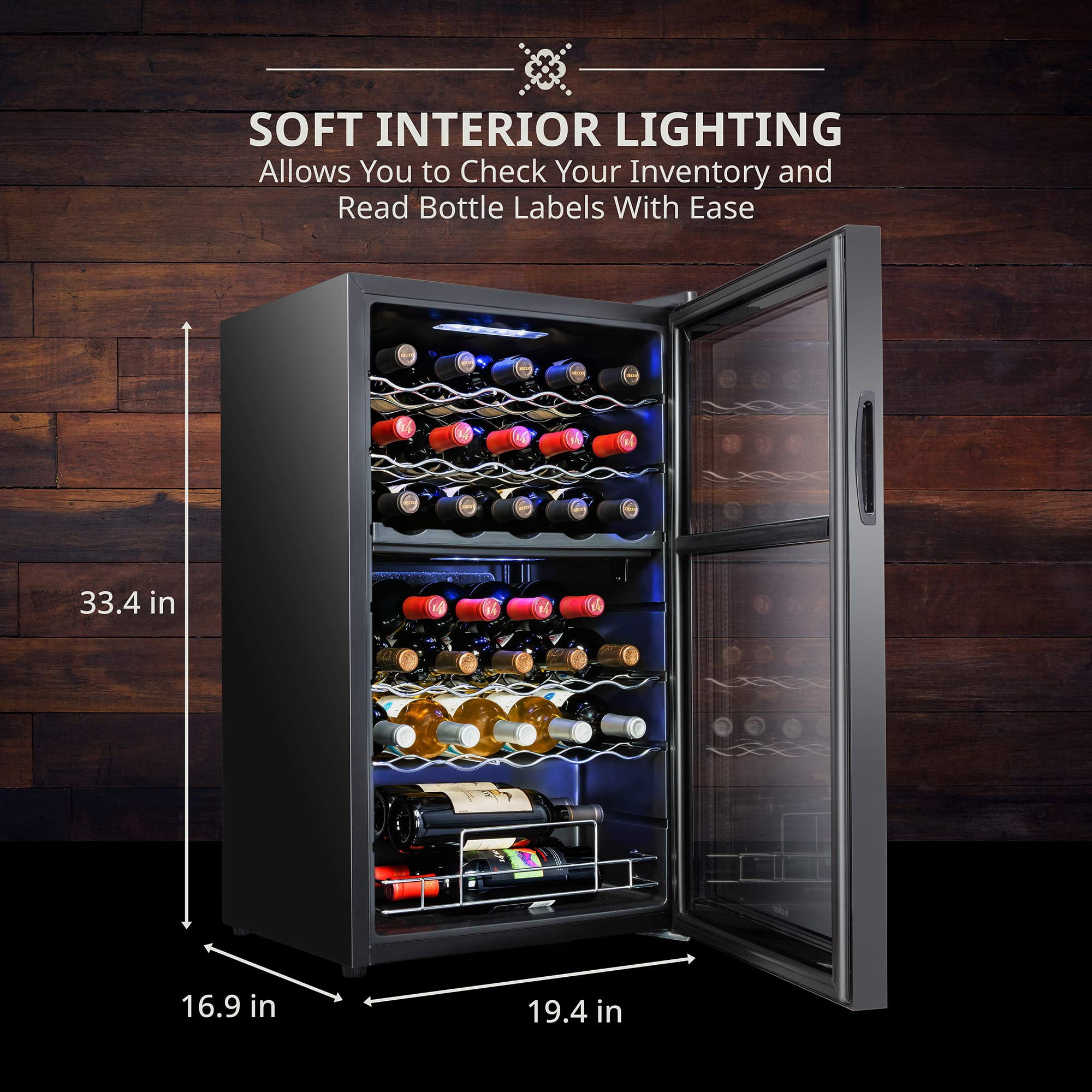 IVATION 33-Bottle Dual Zone Freestanding Wine Refrigerator with Lock, Black