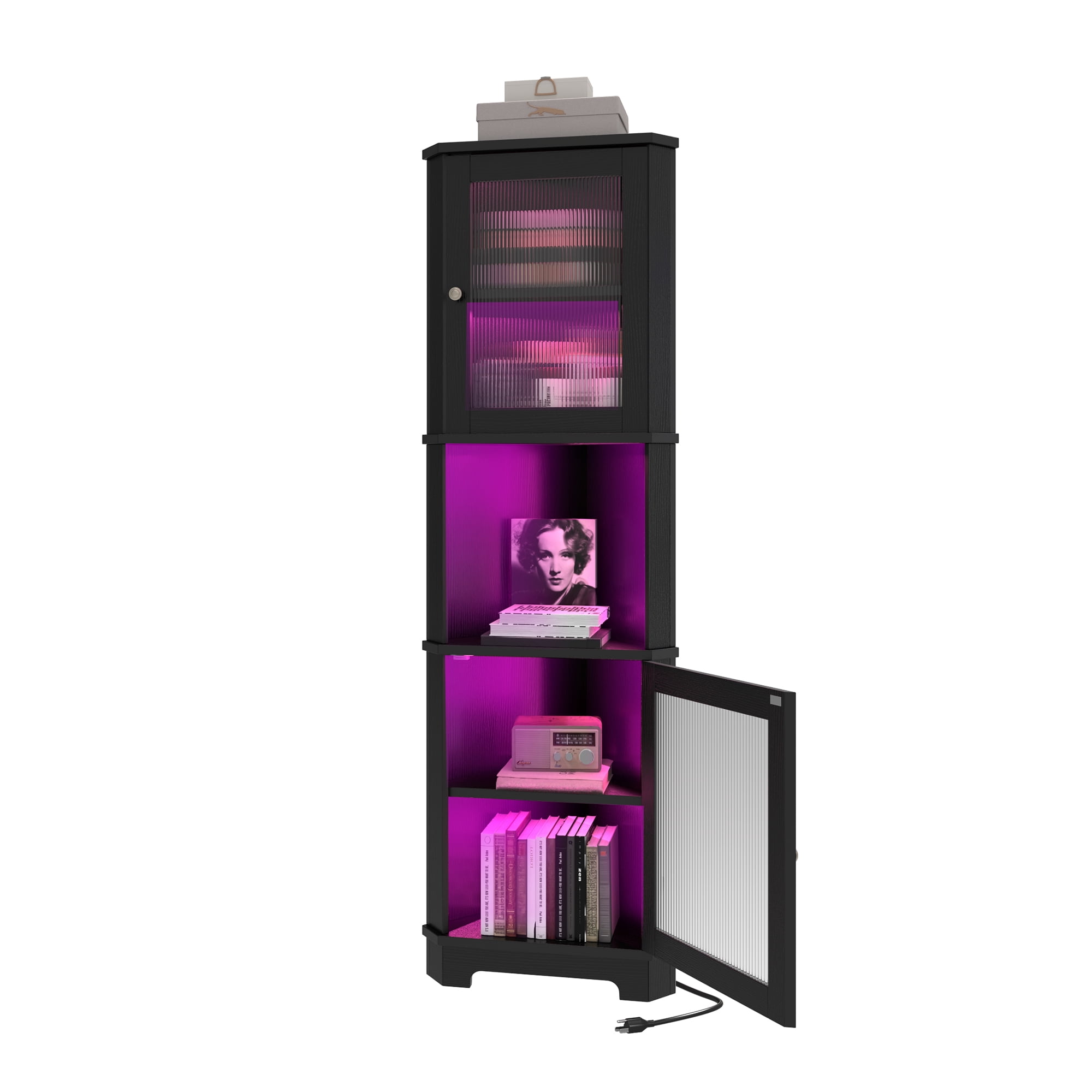 Uforic 67"Tall Corner Storage Cabinet with Door & LED Light, 5 Tier Corner Bookcase Cabinet, Black