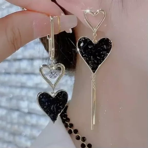 HOOUN Fashion Heart Love Earrings Long Tassel Chain Drop Dangle Women Jewelry -Black