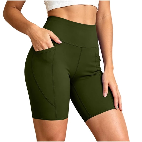 Hurxie Biker Shorts Women Tummy Control Workout Shorts Women with Pockets High Waisted Yoga Running Gym Compression Army Green,M