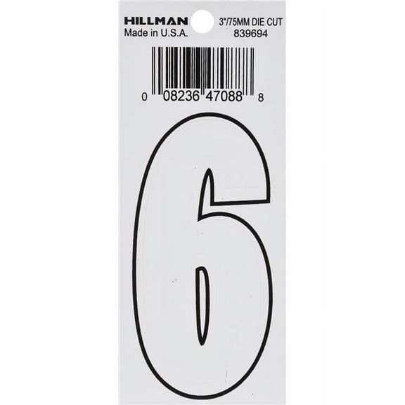 Hillman Group 839694 3 in. White Glossy Vinyl Die-Cut Adhesive Number - 6 -  6 Piece