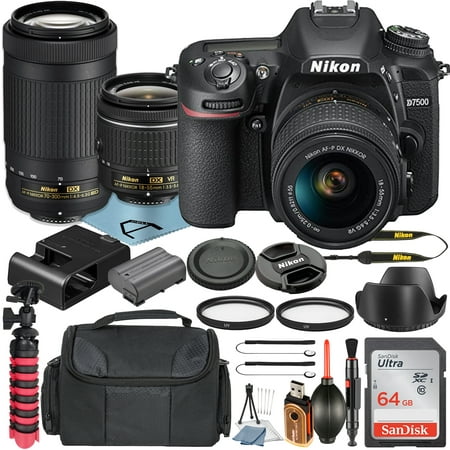 Nikon D7500 DSLR Camera with 18-55mm VR + 70-300mm Lens + SanDisk 64GB Memory Card + Case + Tripod + UV Filter + A-Cell Accessory Bundle