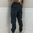 thumbnail image 3 of RYRJJ Women's Cargo Pants Casual Outdoor Solid Color Elastic High Waisted Work Trouser Drawstring Baggy Jogger Workout Pants with Pockets Navy XL, 3 of 6