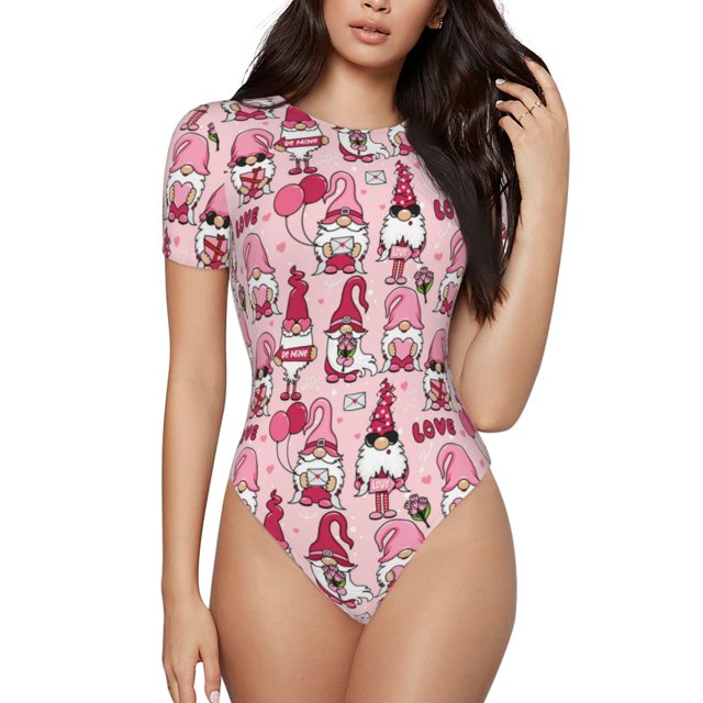 Balery Garden Gnomes Body de cuello redondo de manga corta para mujer Tops de manga corta Tops básicos-XX-Large