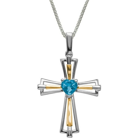 Duet Blue Topaz Sterling Silver and 14kt Yellow Gold Cross Pendant, 18