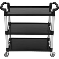Utility Service Cart 3 Shelf, Rolling Push Cart with Brake Wheel, Plastic Heavy Duty 3-Tier Food Service Cart for Office, Waruse, Garage, Restaurant, Cleaning, 360lbs Capacity, Black
