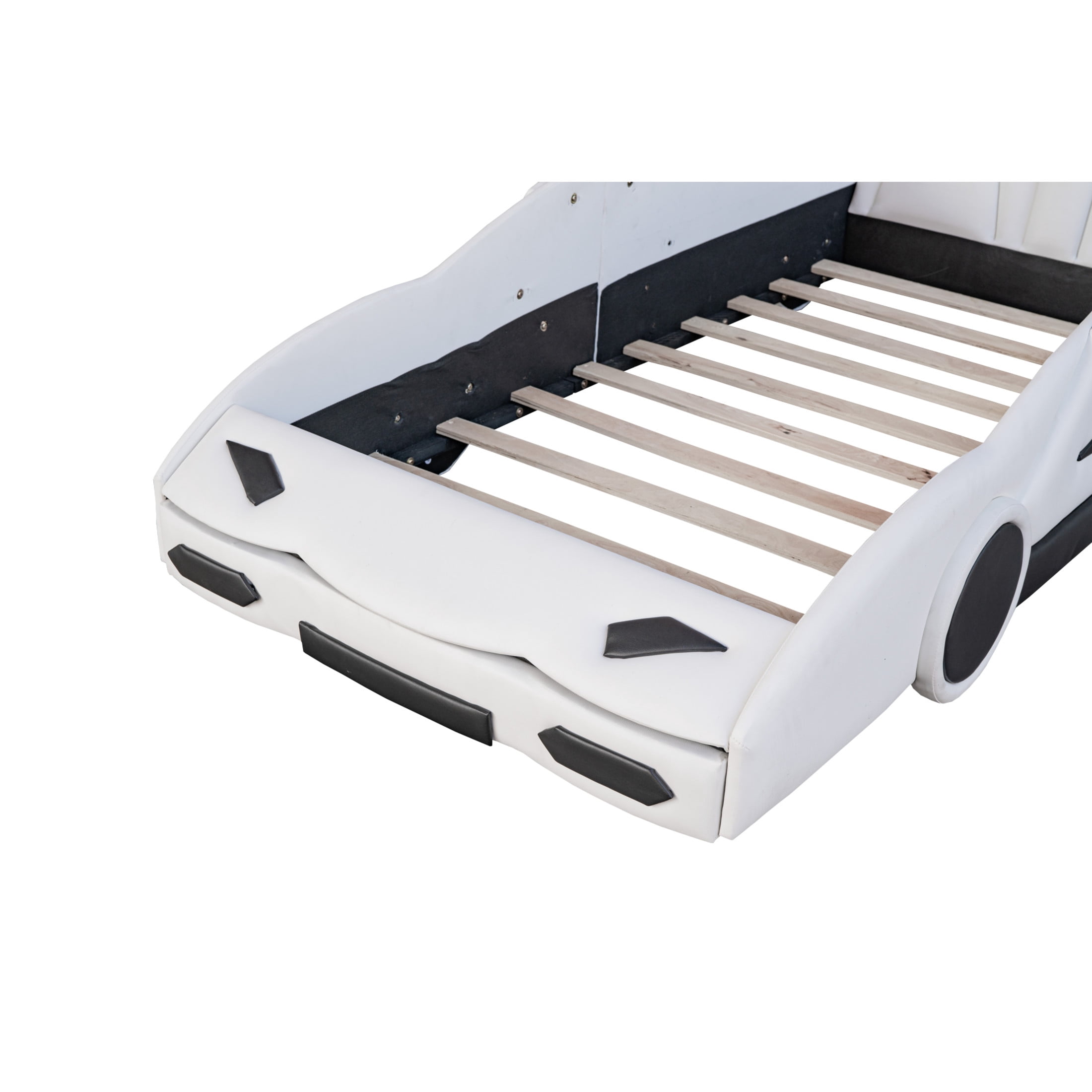 Noble House Twin Race Car-Shaped Platform Bed, Sturdy Pine Wood Frame with Wheels and Guardrails, White