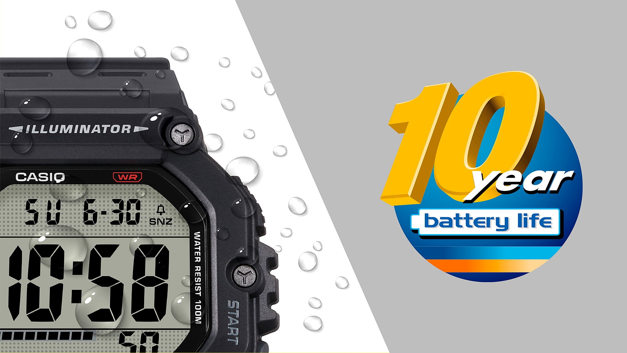 Casio Mens Digital Wristwatch Large Lcd 10-Yr Battery 100M Wr Stopwatch Gray