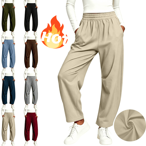 LUGOGNE Barrel Leg Pants Women Baggy Elastic Waist Pants Flowy Comfy Lounge Work Office Trousers with Pockets Khaki,XXL