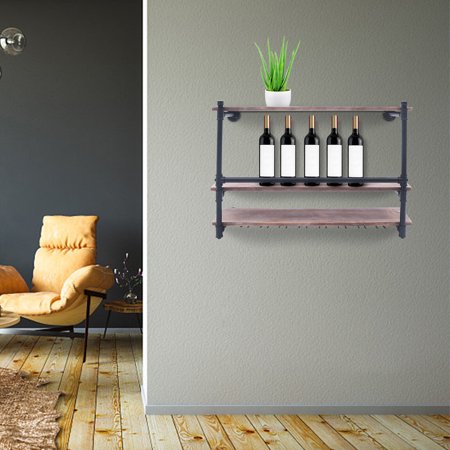 FETCOI Industrial Wall Mount Wine Rack Wood Bottle Storage Shelf Organizer 3 Lay Shelf