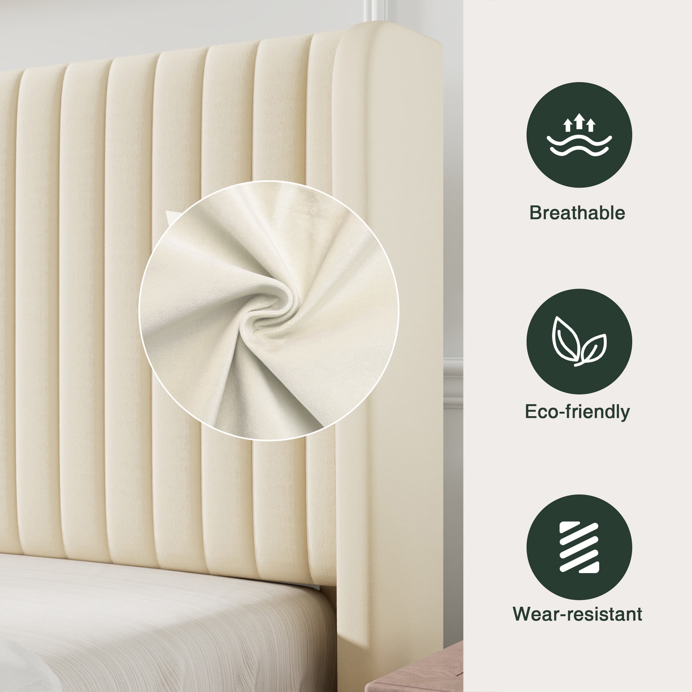 Amolife Queen Size Velvet Upholstered Bed with Wingback Headboard, Cream