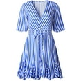 thumbnail image 4 of Robe Courte Plissée Aguichant pour Femme à Col en V Plongeant, Manches Courtes, Rayée, Portefeuille, Ourlet à Volants, avec Ceinture, Bleu, M, 4 of 5