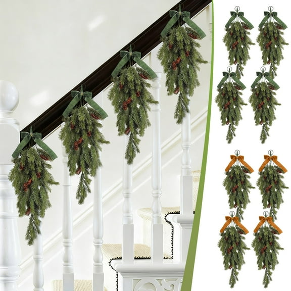 4-Piece Christmas Teardrop Swag Garland Set with Pine Cones & Velvet Bow | 27.5-Inch Artificial Winter Greenery for Indoor & Outdoor Holiday Decor