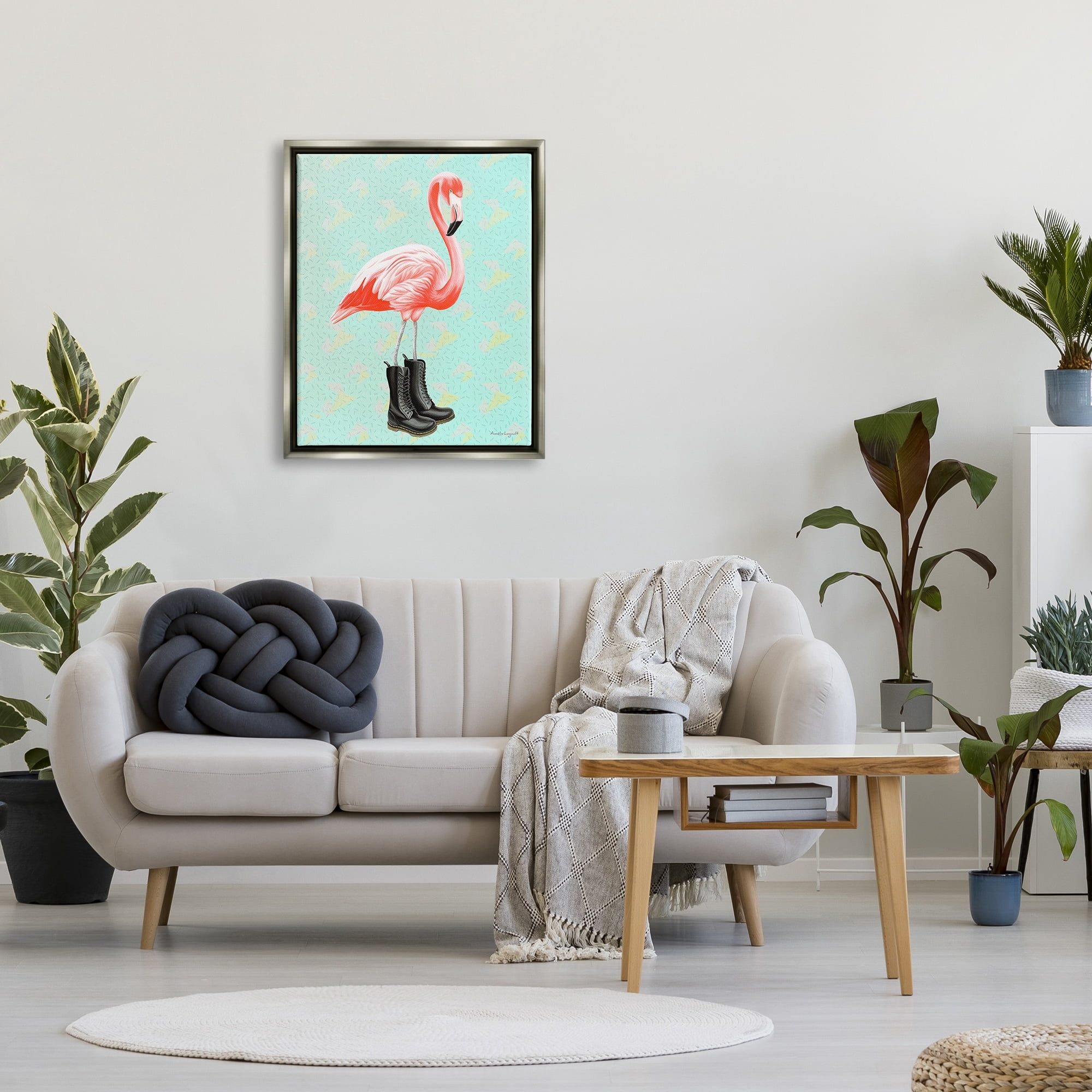 Stupell Industries Stylish Pink Flamingo Black Boots Geometric Pattern Graphic Art Luster Gray Floating Framed Canvas Print Wall Art, Design by Amelie Legault