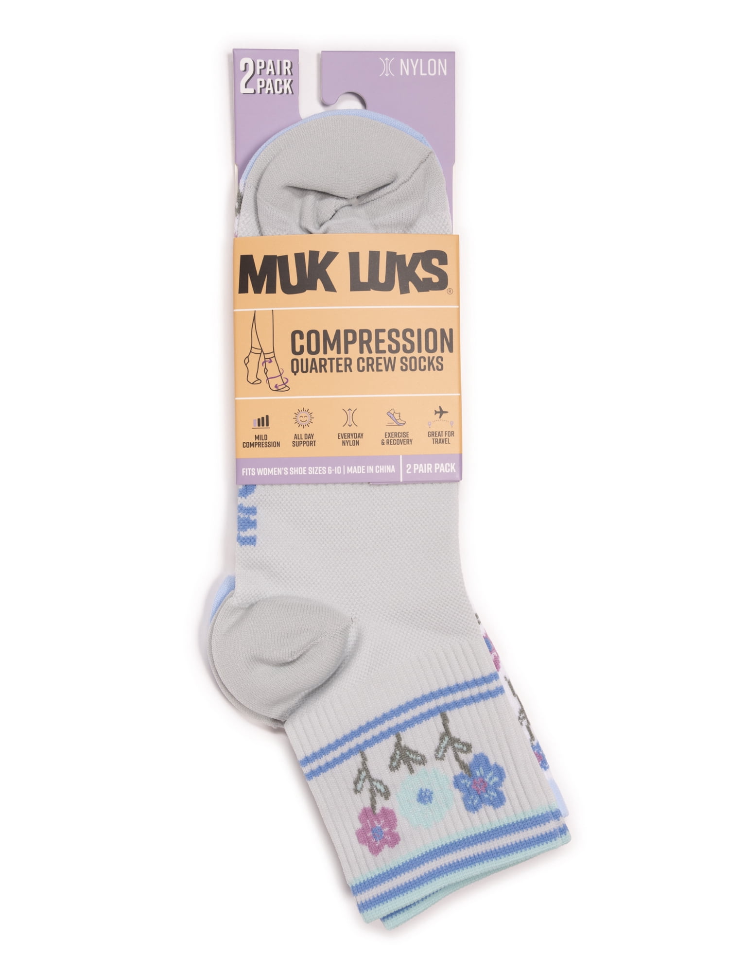 MUK LUKS Women's Nylon Quarter Crew Compression Socks, 2-Pack, Shoe Sizes 6-10