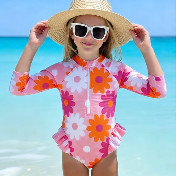 ITSAME Kids Girls One-Piece Swimwear, Quick-Dry Sun Protection Floral Print Summer Fashion Beach Bathing Suit Pink 3-4T
