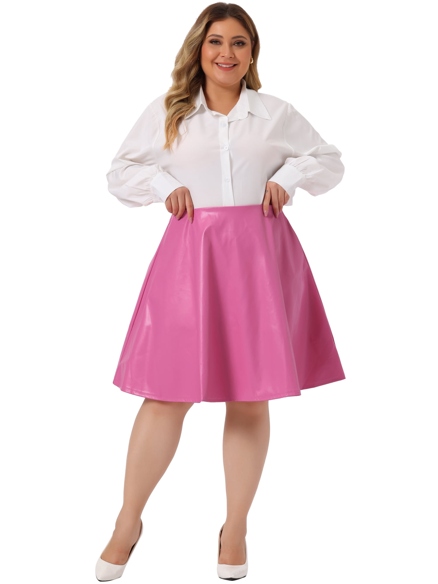 Unique Bargains Women's Plus Size PU A-Line Versatile Flared Party Skirts 1X Hot Pink