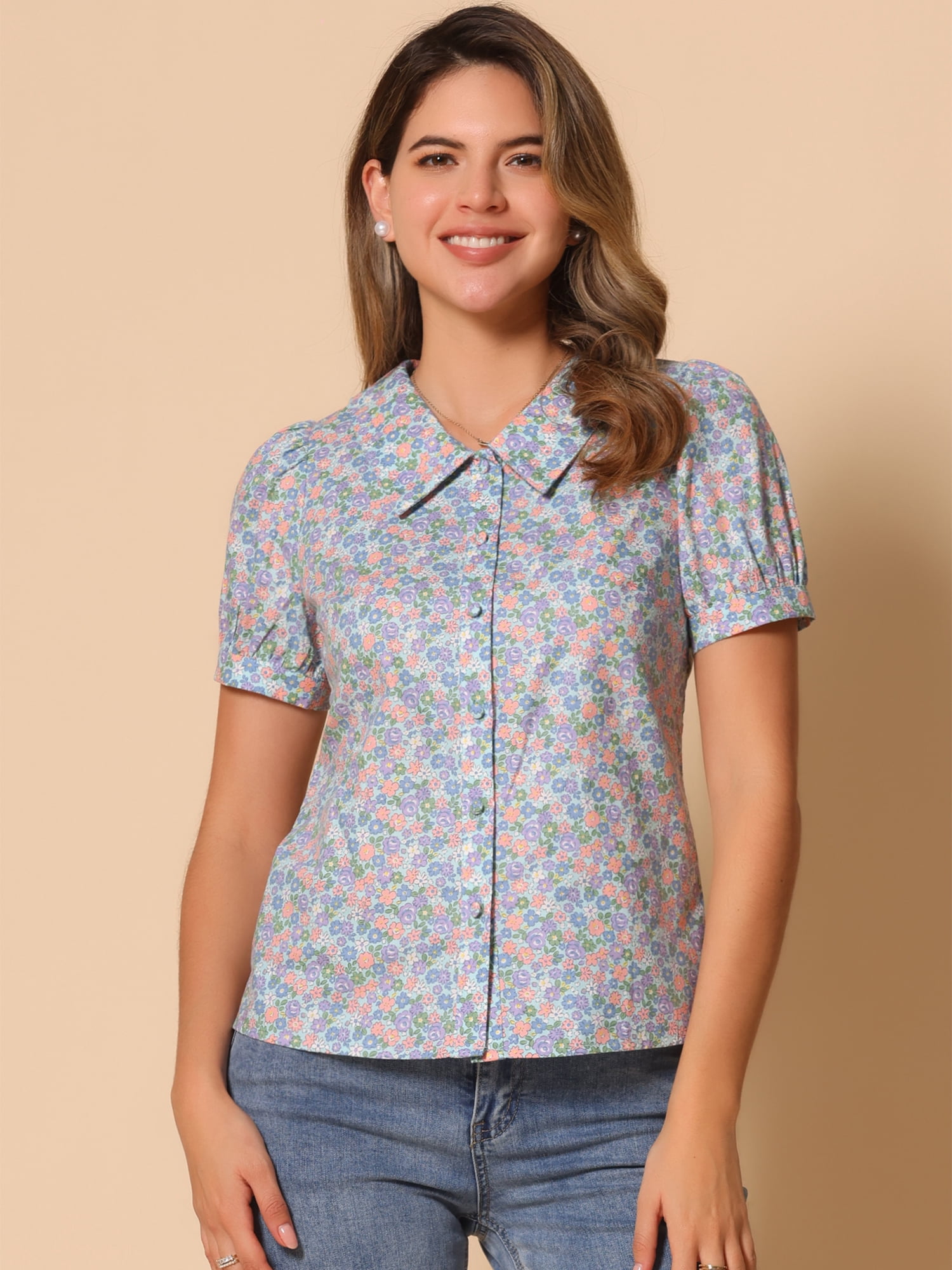 DARING DIVA Women's Turndown Collar Button Down Floral Blouse XS Light Blue