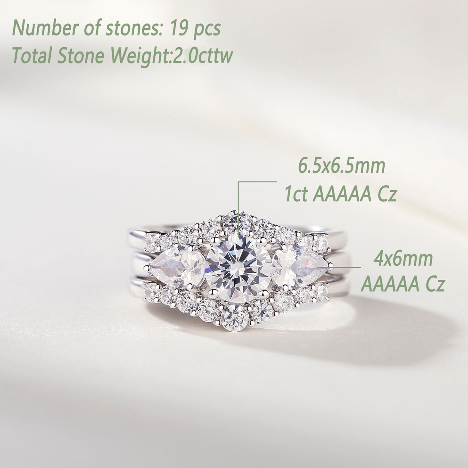 Wuziwen 2 Carat Wedding Ring Set for Women 3Pcs Engagement Rings CZ 925 Sterling Silver Size 6.5