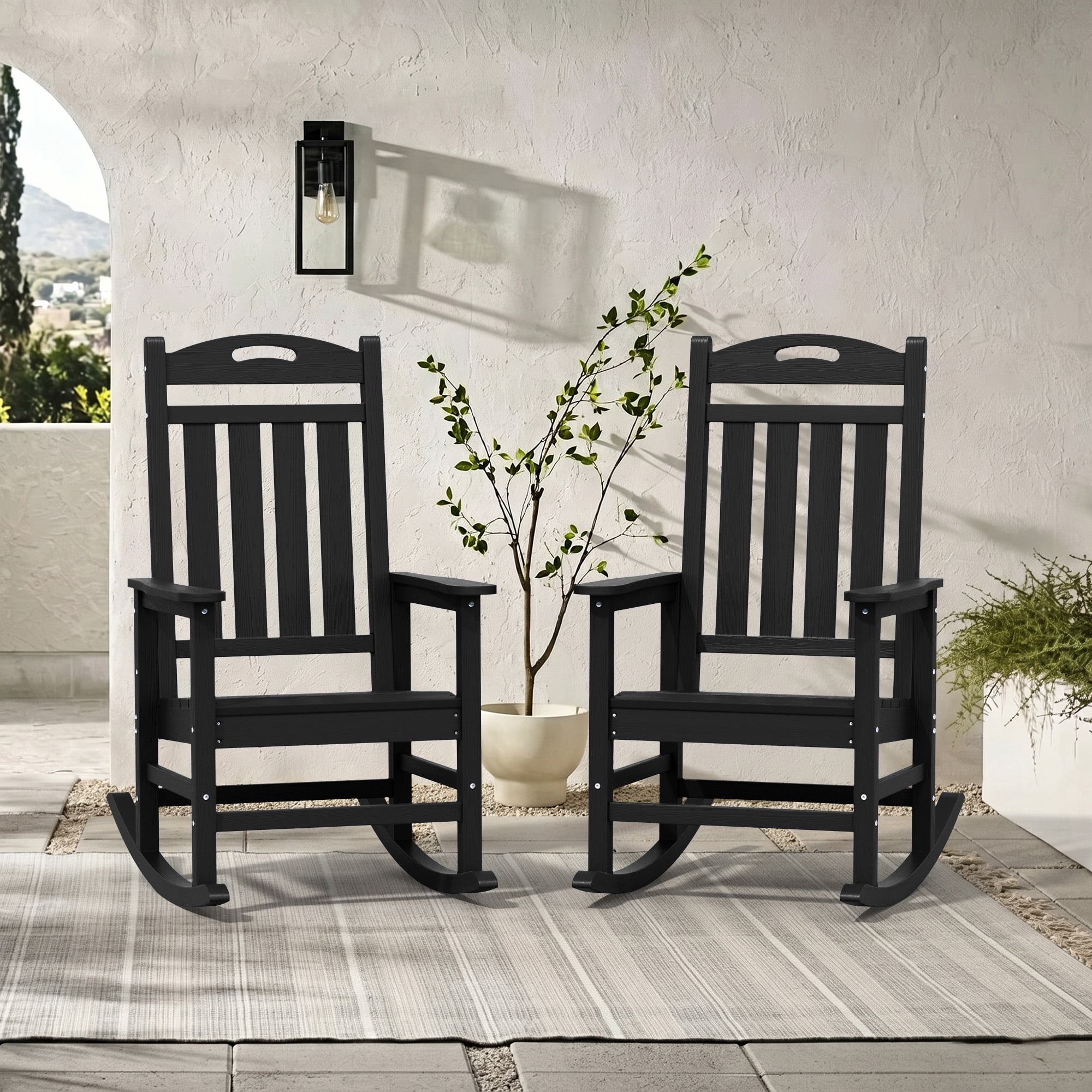 SUUNYN Set of 2 Outdoor Rocking Chairs, HDPE All-Weather Patio Rockers with High Back, 380lbs Heavy Duty, Black