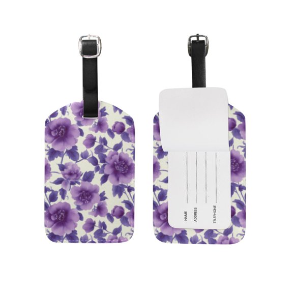 Purple Flowers and Leaves Luggage Tags PU Leather Name ID Labels for Suitcase Baggage Handbag 2 Pack