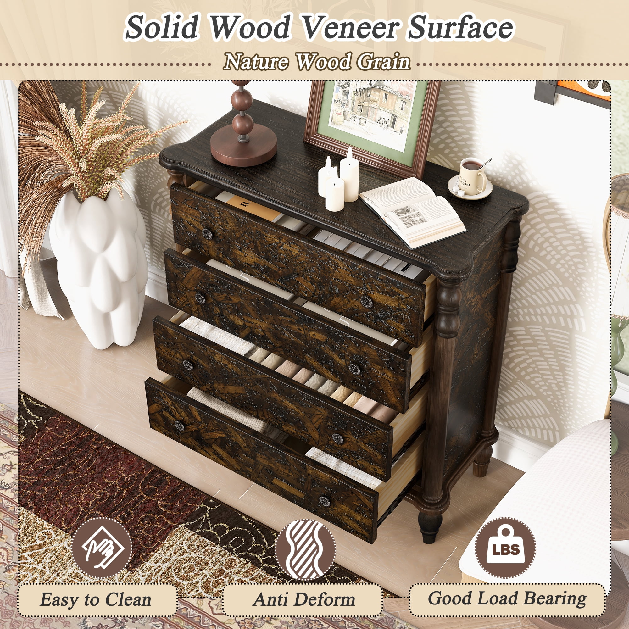 Aukfa 4 Drawer Dresser, 32" Chest of Drawers Bedroom Storage Cabinet for Small Spaces,Espresso