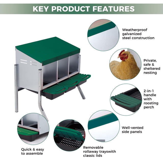 EDTara Metal Chicken Nesting Box Provides Sturdy Galvanized Steel Build and a Convenient Removable Roll-Out Tray, Ensuring Easy Egg Gathering and Cleaning for Backyard or Farm Poultry Setups