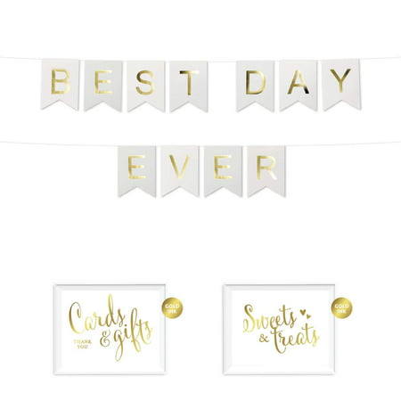 Andaz Press Shiny Gold Foil Paper Pennant Hanging Banner with Gold Party Signs, Best Day Ever, White,