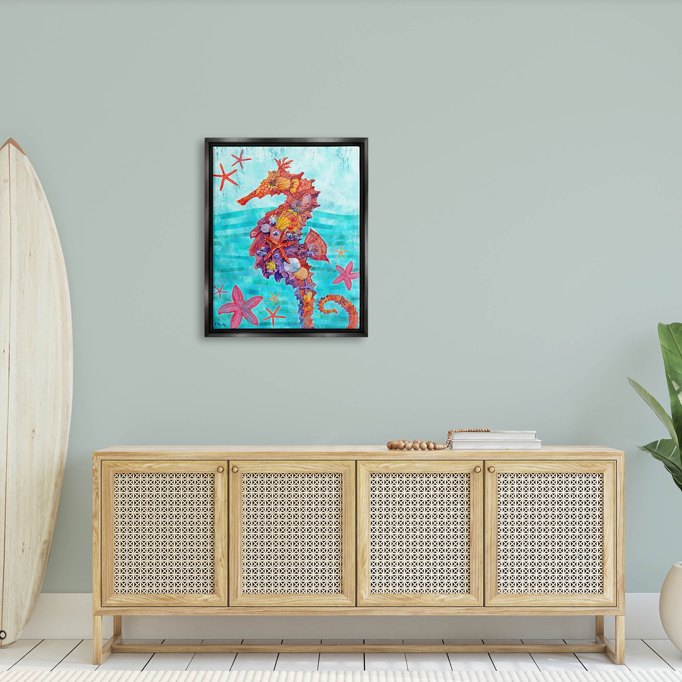 Stupell Industries Nassau Seahorse Aquatic Shell Collage Graphic Art Jet Black Floating Framed Canvas Print Wall Art, Design by Paul Brent