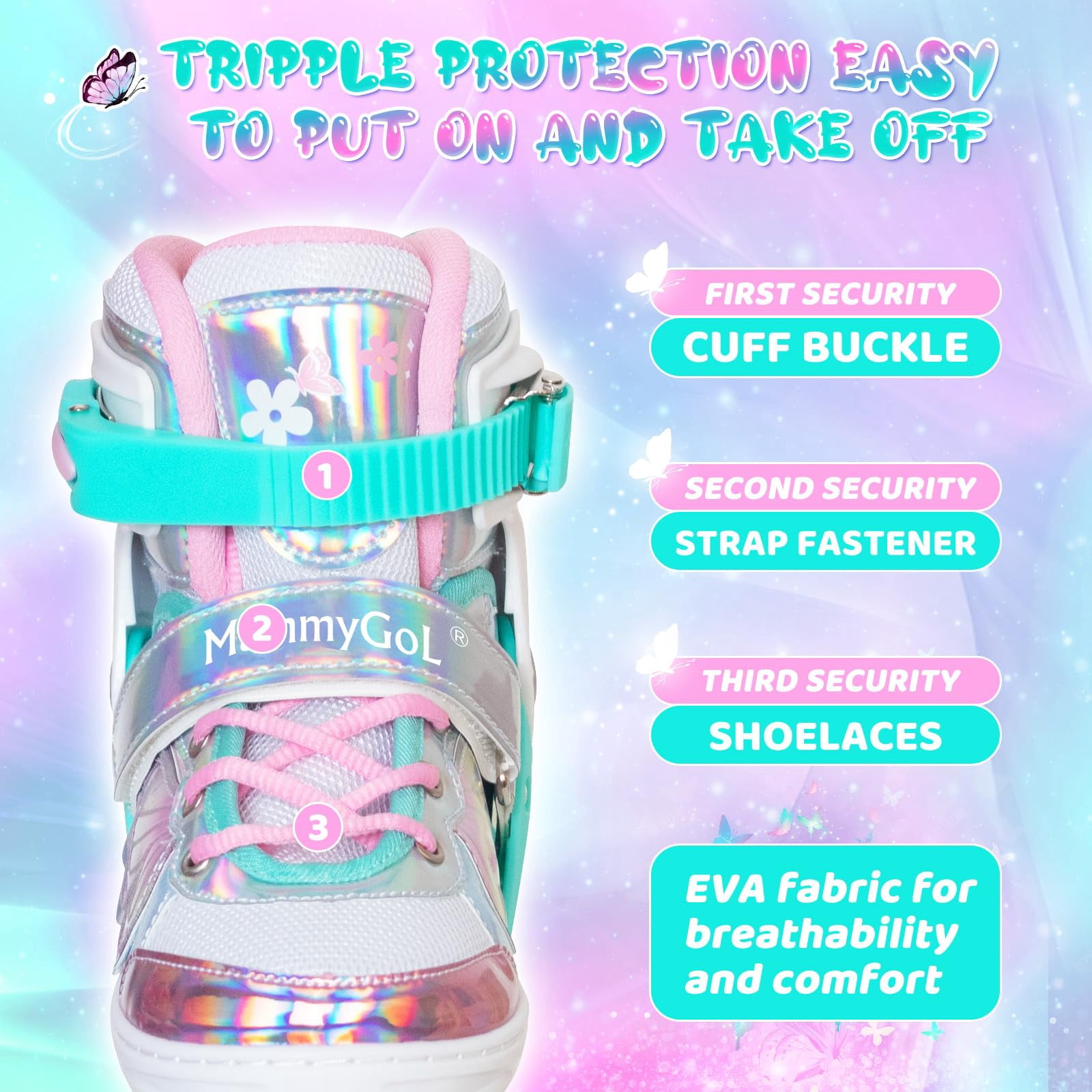 MammyGol Adjustable Inline Skates for Kids - Butterfly Design Youth Roller Skates with Safety Brake, Breathable Liner(Teal,Sizes 10j-13j Adjustable)