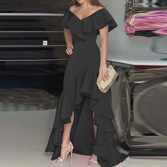 ClodeEU Women's V Neck Short Sleeve Off Shoulder Ruffle Hem Maxi Dress ,Solid Color Casual Long Dress Black,Women's Plus L