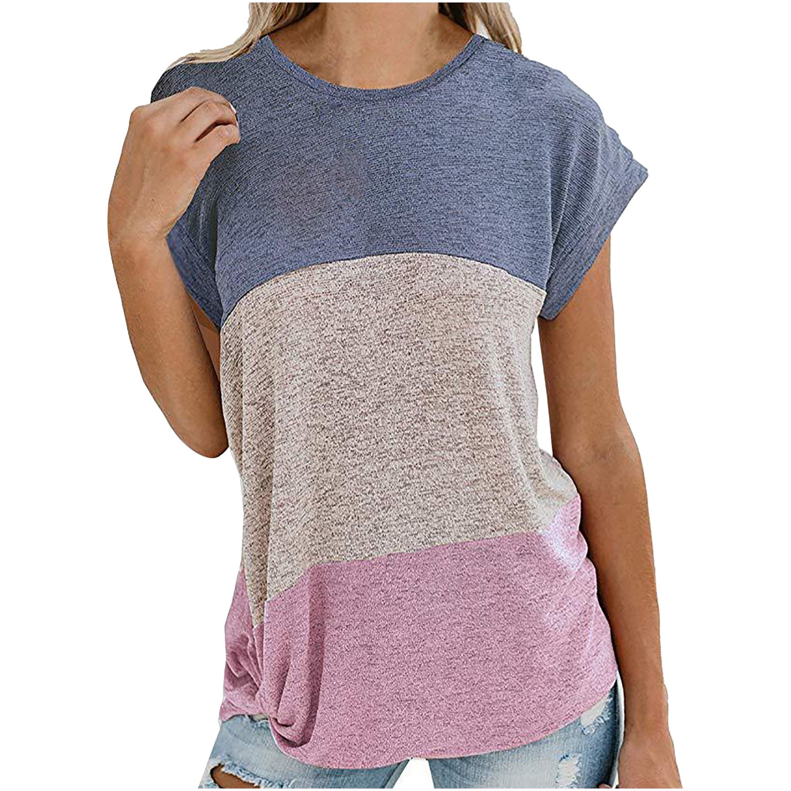 Fashion Women's Casual Short Sleeve Contrast Stitching O-Neck Shirt Loose Blouse