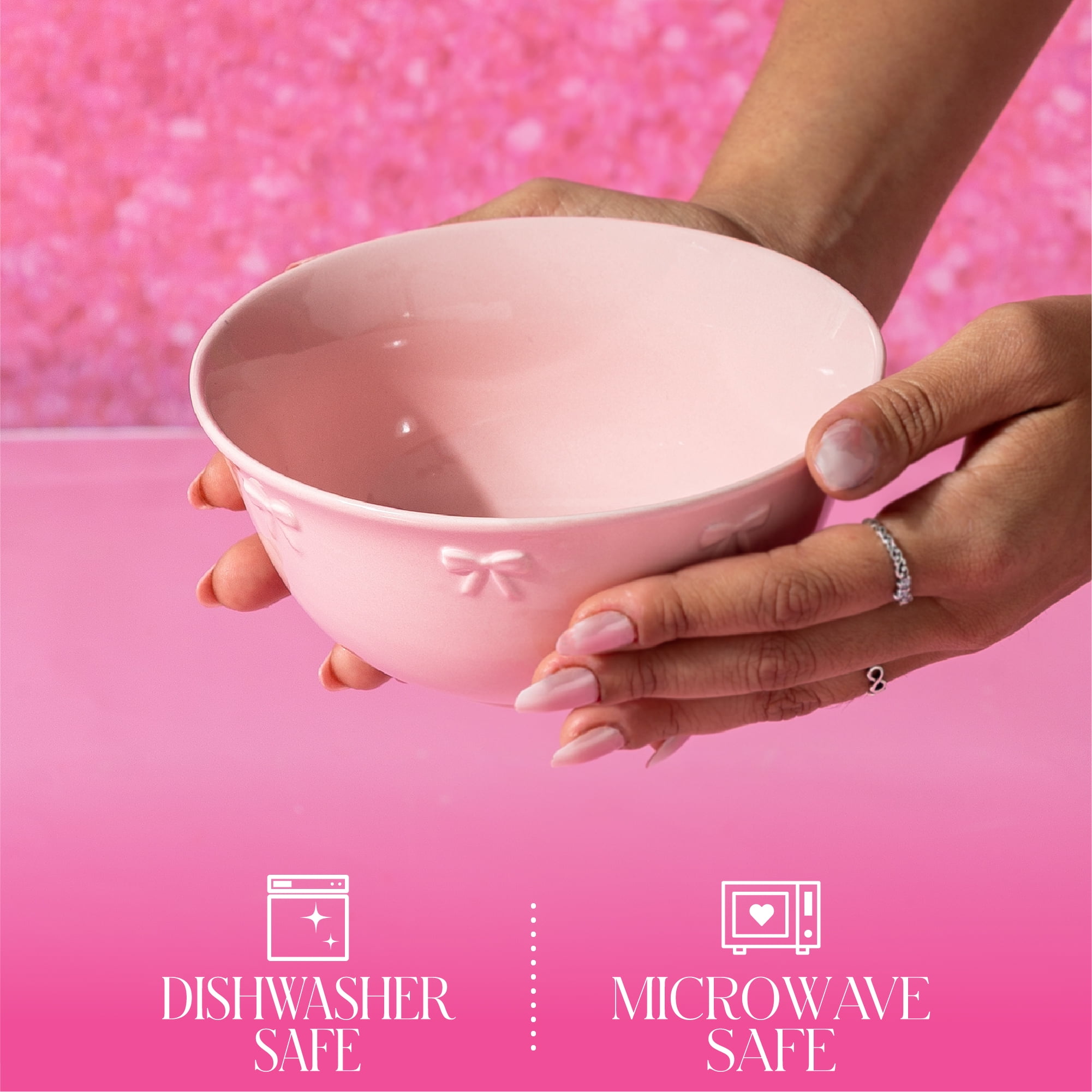 Paris Hilton London Collection 6.25-Inch Ceramic Soup Bowl, Cereal & Snack Bowl, Microwave Safe, Blush Pink with Embossed Bow Detailing