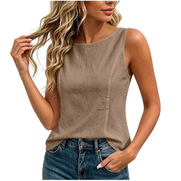 GUACER Womens Tank Tops Fashion Cotton Linen Round Neck Summer Casual Relaxed Fit Sleeveless Blouses