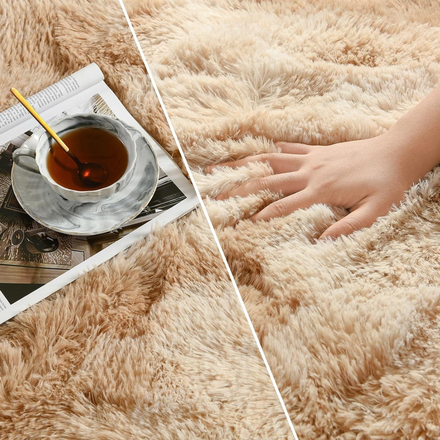 Noahas Fluffy Area Rug for Living Room Bedroom, 6 x 9 Tie-Dyed Beige Rug Fuzzy Non-Slip Modern Carpet Ultra Soft Faux Fur Rugs for Dorm Kids Room Home Decor