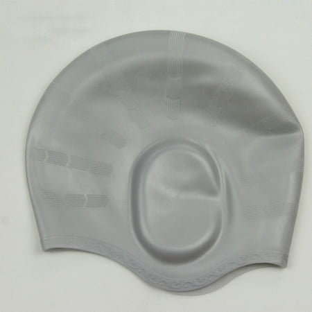 for Adult Elastic Waterproof Flexible Silicone Swimming Hat Ear Bathing Swimming Cap Swim Pool Cap Men Women Long Hair GREY
