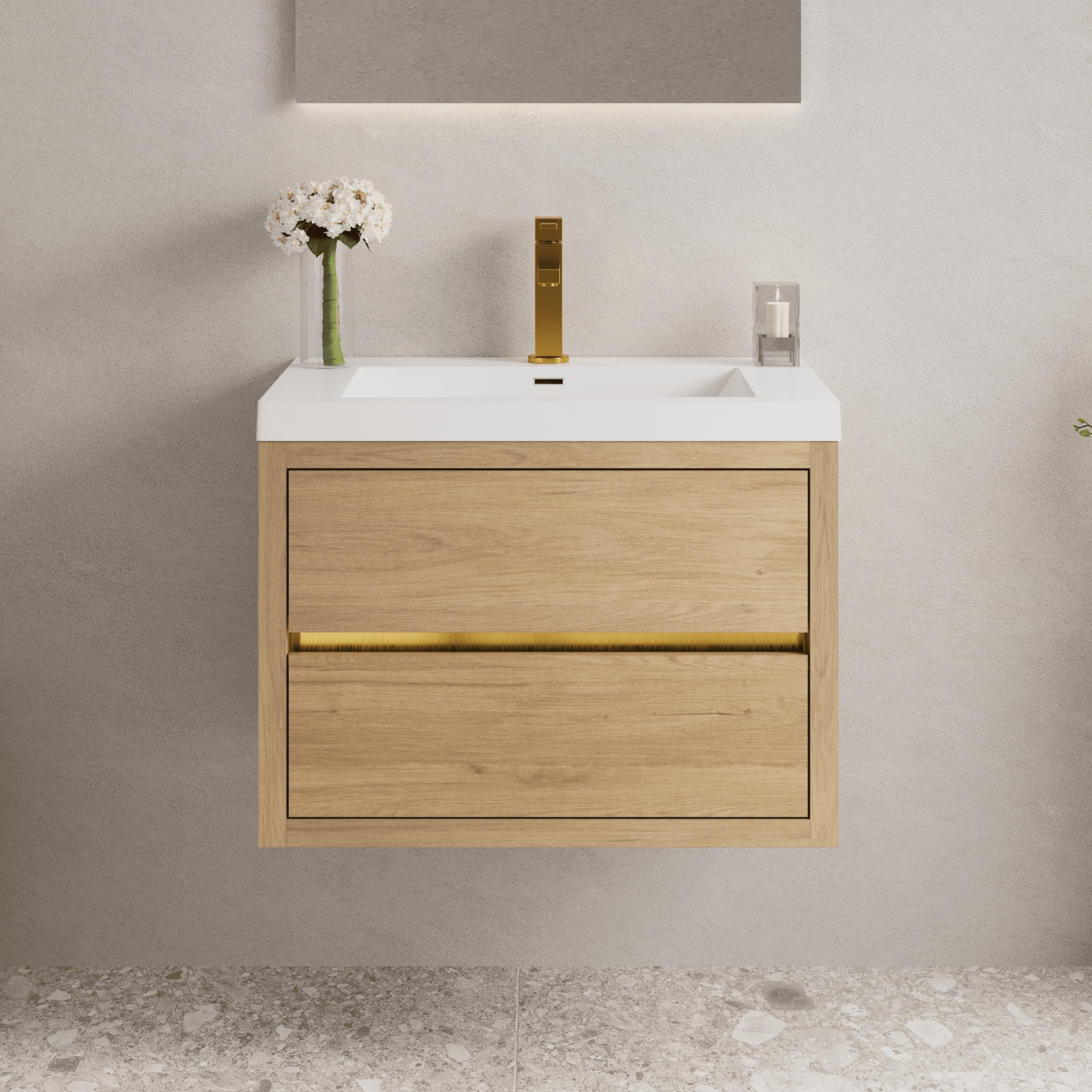 Abruzzo 30" Natural Oak Wall-Mounted Bathroom Vanity with Sink – Stone Resin Countertop & Soft-Close Drawers, Waterproof Wood Cabinet for Small Bathrooms
