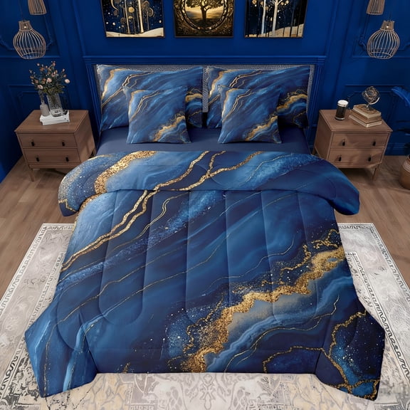 Castle Fairy Kids Teenagers Gradient Marble Stone Pattern Twin Bedding Sets 7-Piece,Mountain Fluid Gold Metallic Bedding Comforter Set Microfiber,Ombre Marbling Watercolor Breathable Sheet Sets