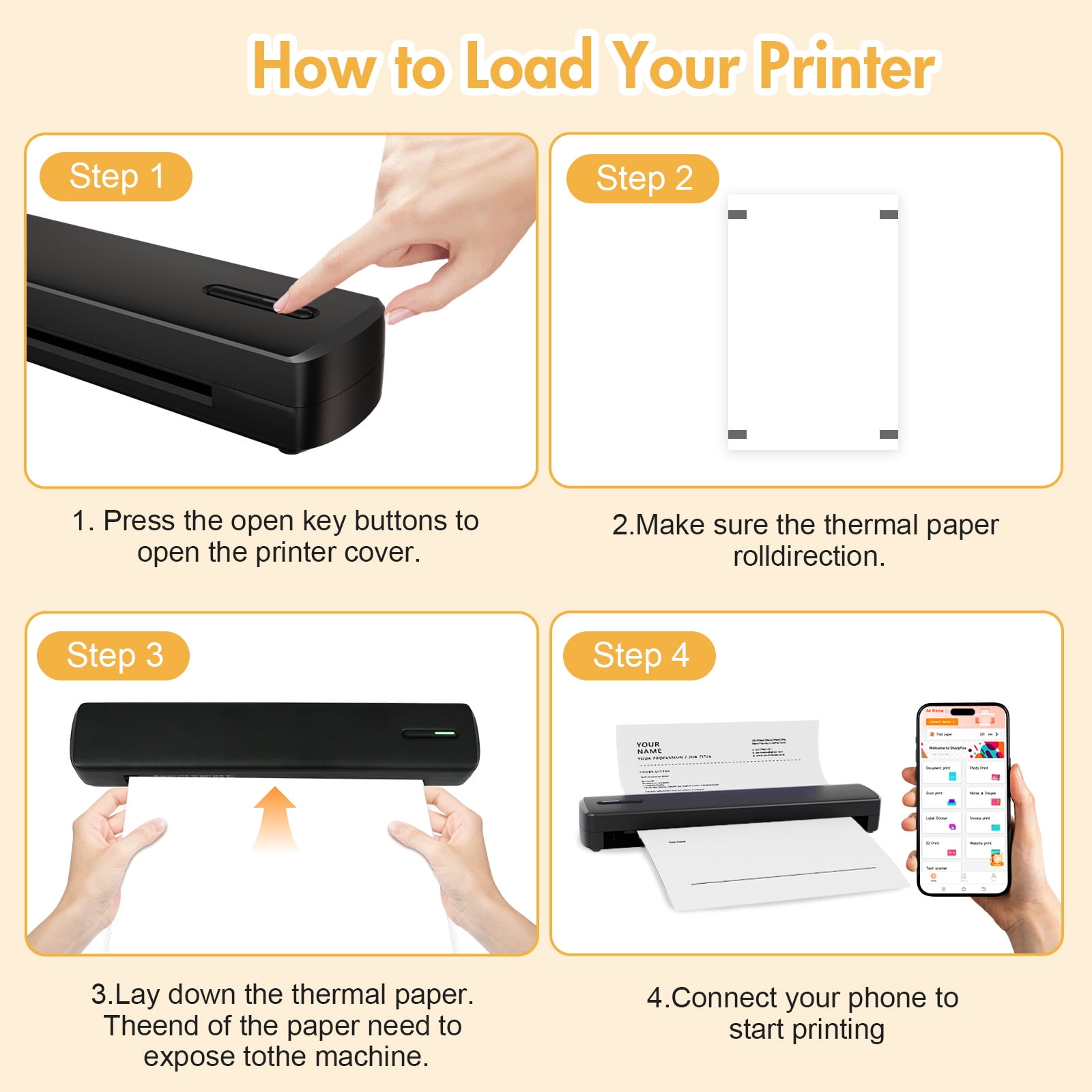 Chicarygo Thermal Printer, Portable Wireless Printer, Bluetooth Inkless for Travel Home Office School Use, Support US Letter/A4/A5/B5 Thermal Paper, Compatible with Android iOS Phone & Laptop
