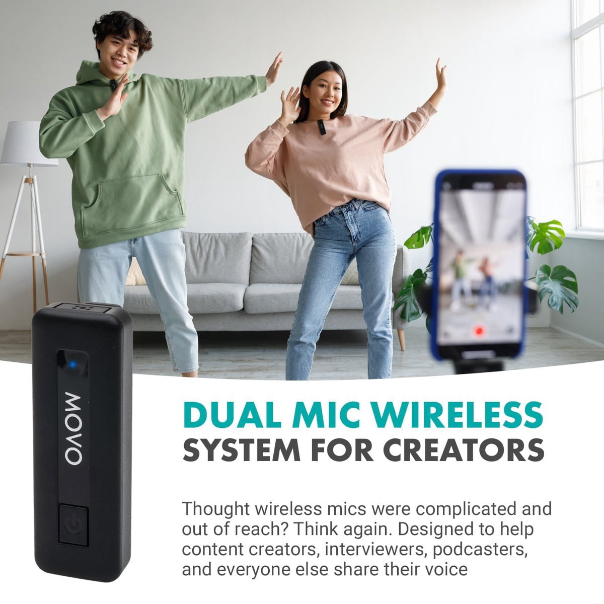 Movo Photo Wireless-Mini-DI-DUO Ultra-Compact Microphone System with 2x Omnidirectional Lavalier Mic for Apple iPhone