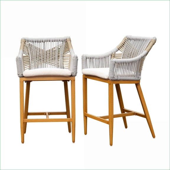 Outdoor Bar Stools Set of 2, Counter Height Modern Boho, for Patio Pool Garden Kitchen | Aluminium | khaki