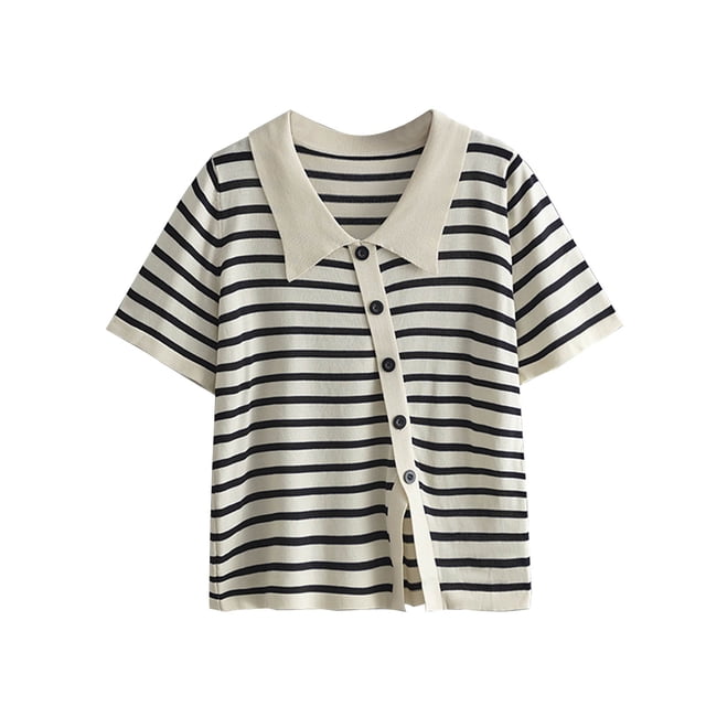 Timegard Shirts for Women Striped Knitted Button up Collared Tops Short Sleeve Casual Dress Blouses