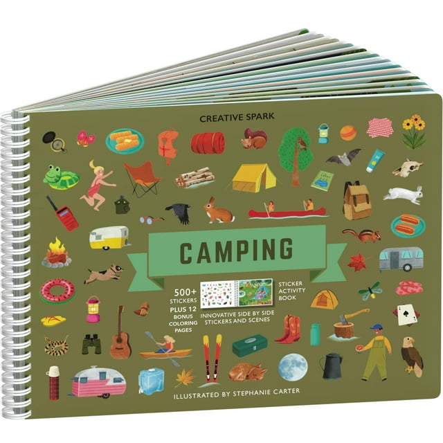 Pegatinas para acampar + libro para colorear (más de 500 pegatinas de animales para niños y 12 páginas para colorear) - Libro de actividades con pegatinas lado a lado - Libros divertidos con pegatinas