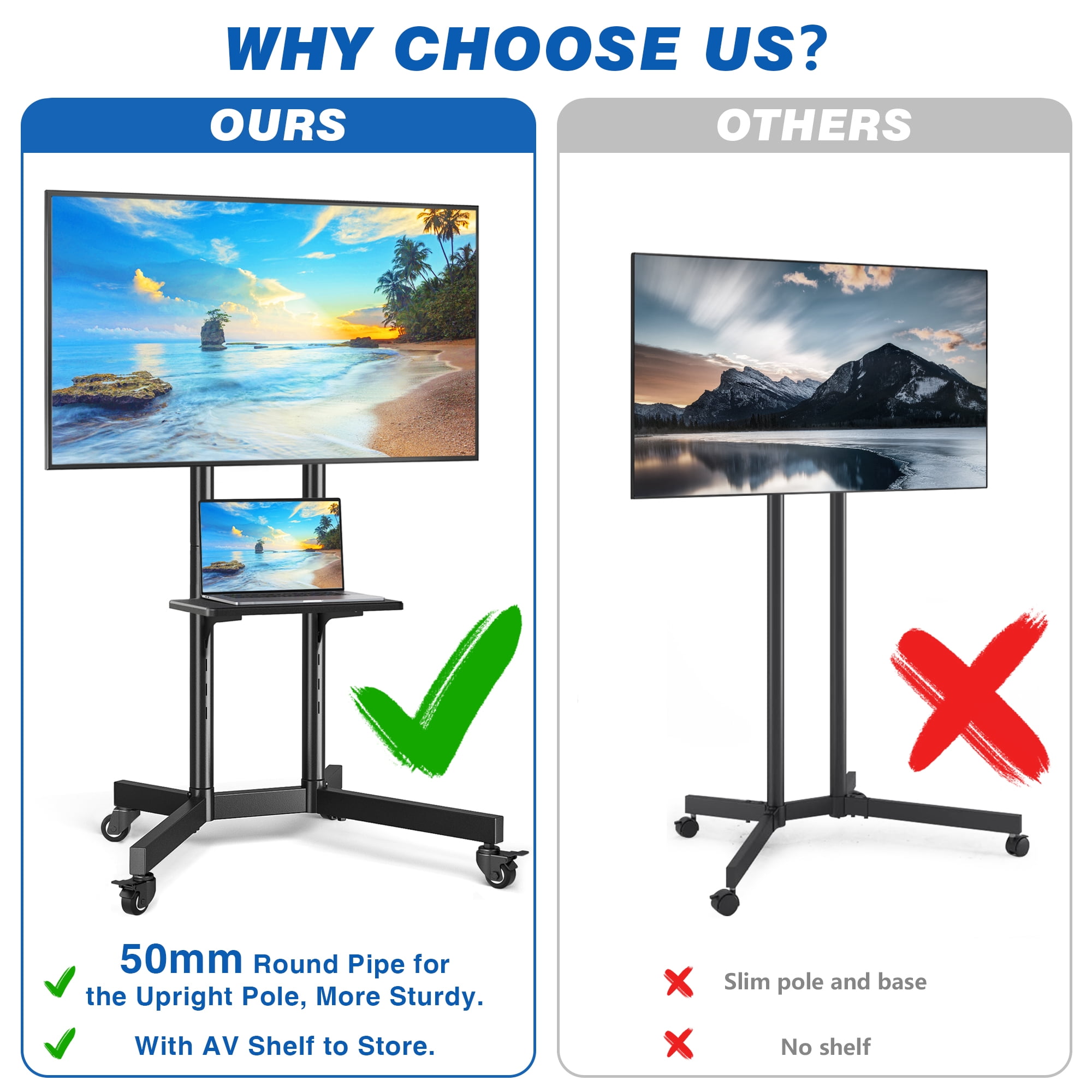 RTVR Modern Rolling TV Stand Cart with Wheels for TVs up to 85 inch, Black Swivel Mount Home Mobile Base