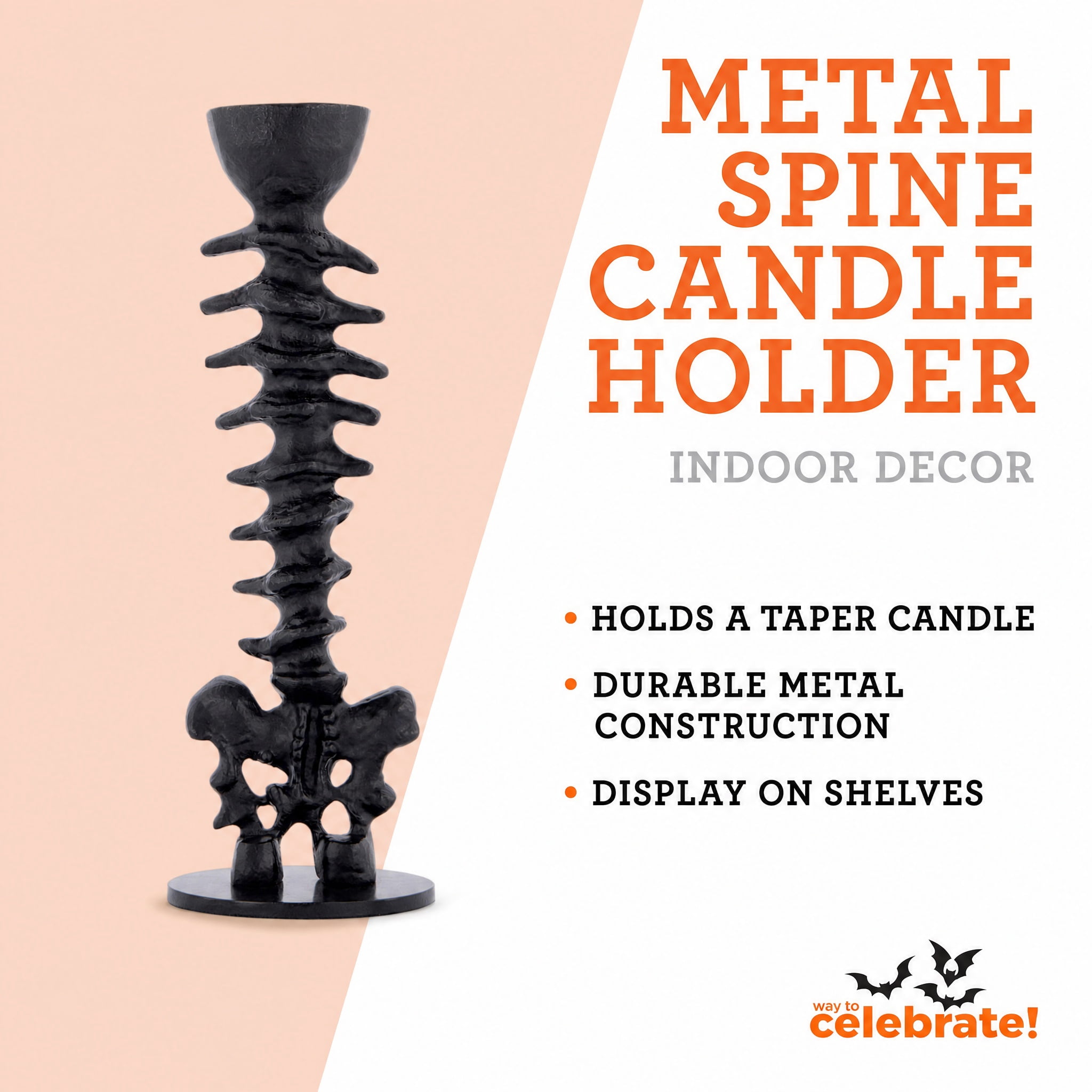Metal Spine Candle Holder, Black, 8.6", Halloween by Way To Celebrate