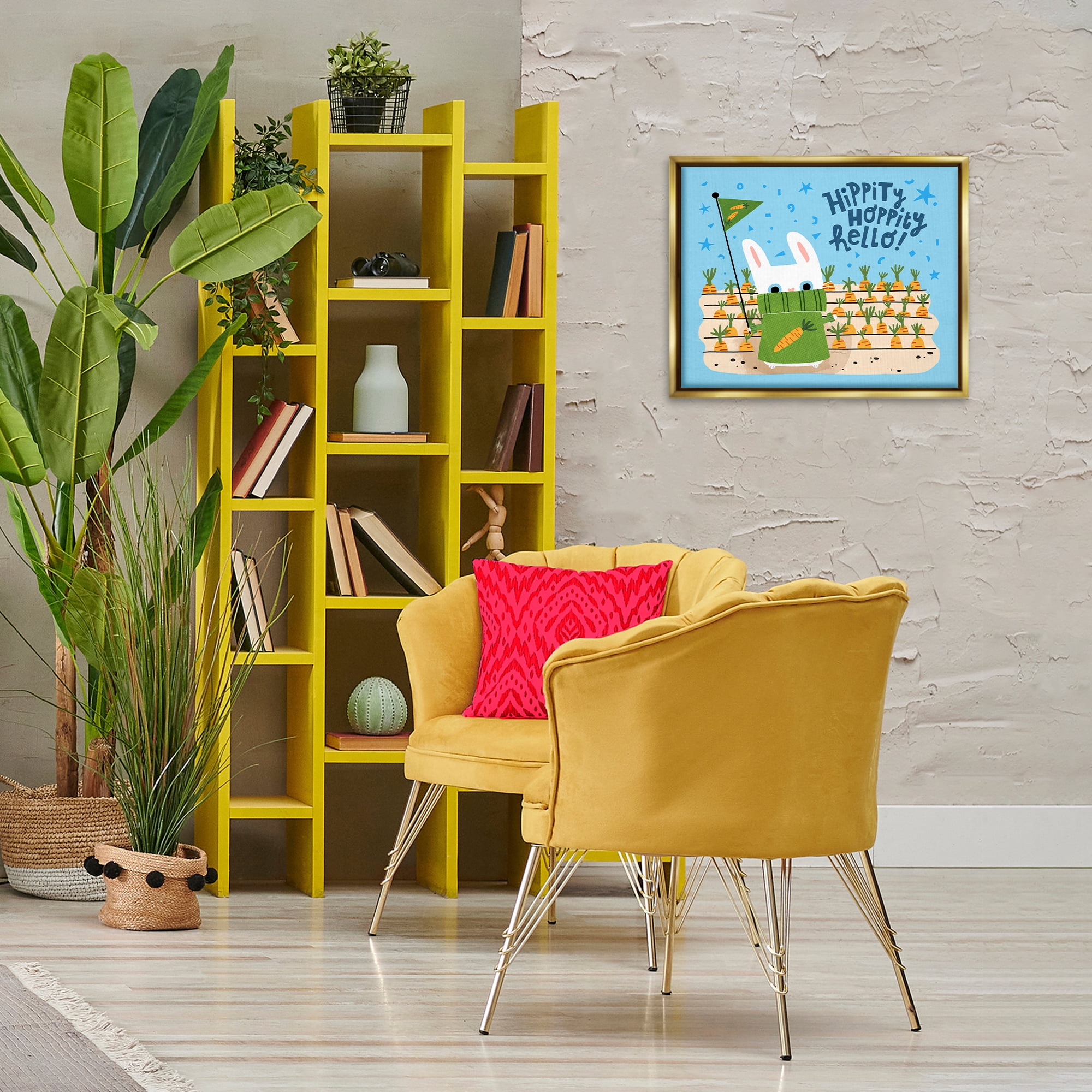 Stupell Industries Hippity Hoppity Hello Bunny Animals Painting Gold Floater Framed Canvas Art Print Wall Art, 21 x 17