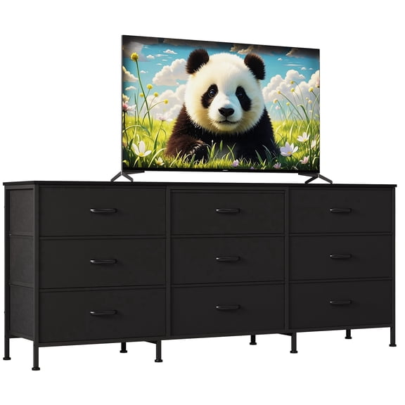 Kicctian 9-Drawer Dresser 63" Long TV Stand with Wooden Top & Fabric Storage Dresser for Bedroom,Living Room,Black