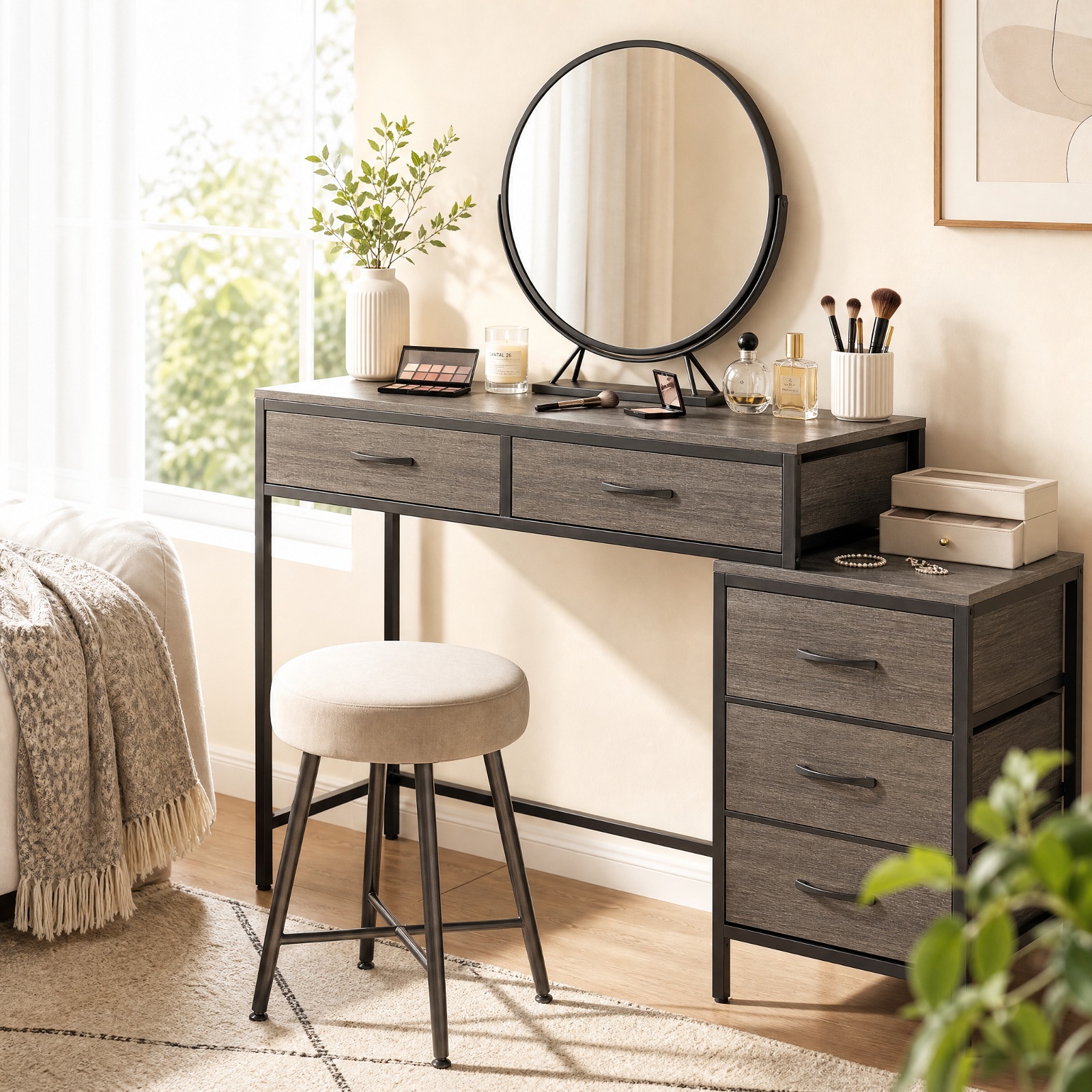 Furnibear Computer Desk with 5 Drawers and Printer Stand for Bedroom and Small Spaces for Home Office Study Computer Writing Workstation, Oak