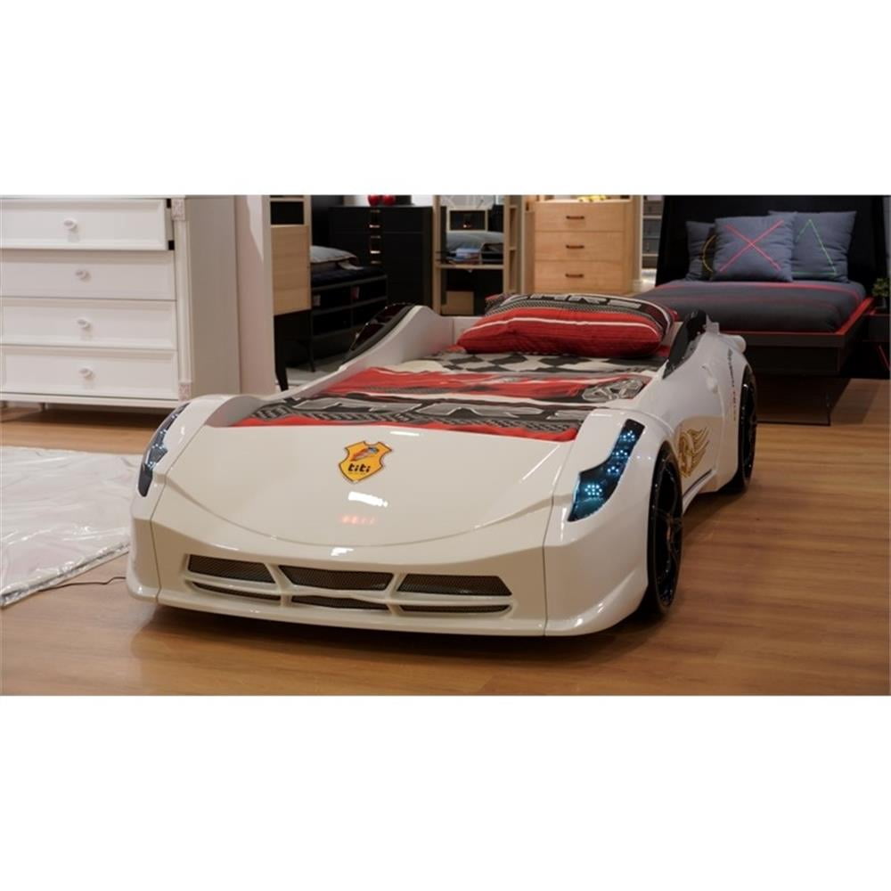 Pemberly Row Modern Wood Twin Race Car Bed with Remote Control in White